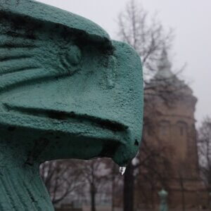 Er bloggt nicht: gusseiserner Adler am Wasserturm Mannheim. Symbolbild für die Ironblogger und Iron Buchblogger