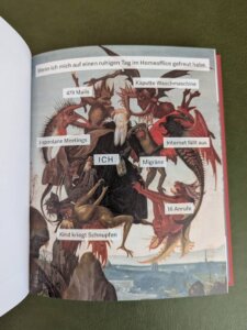 Meme von kunst und Kaviar: ein ruhiger Tag im Home Office. Bildmotiv: ein Heiliger umgeben von vielen Dämonen und Sprechblasen wie Migräne, 479 Mails, Kind kriegt Schnupfen
