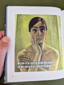 Meme von Kunst + Kaviar. Das Gemälde von Anita Ree zeigt eine Frau mit sorgenvollem Blick. Text: Wenn ich nach dem Urlaub in meinen Kalender schaue