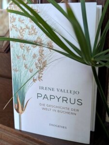 Buch von Irene Vallejo: Papyrus. Die Geschichte der Welt in Büchern.
Das Buch ist leicht hinter einer Zimmerpflanze verborgen. Die Pflanze ähnelt einem Papyrus, ist aber ein Zyperngras.